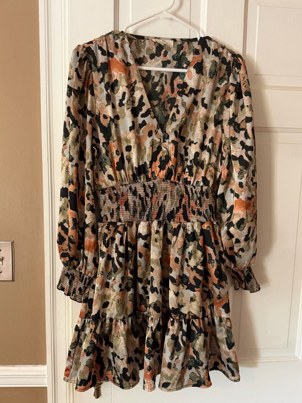 Entro Small Abstract Animal Print Smocked Waist Tiered Mini Dress